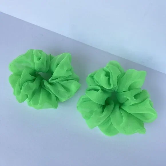 New Green Neon Mesh Scrunchie Hair Tie 2 XLarge Set - Picture 4 of 5